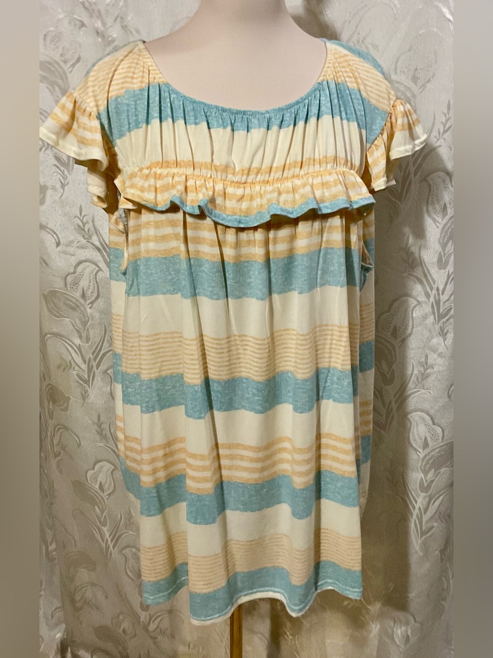 LuLaRoe Striped Ruffle Neck Top in Blue and Cream